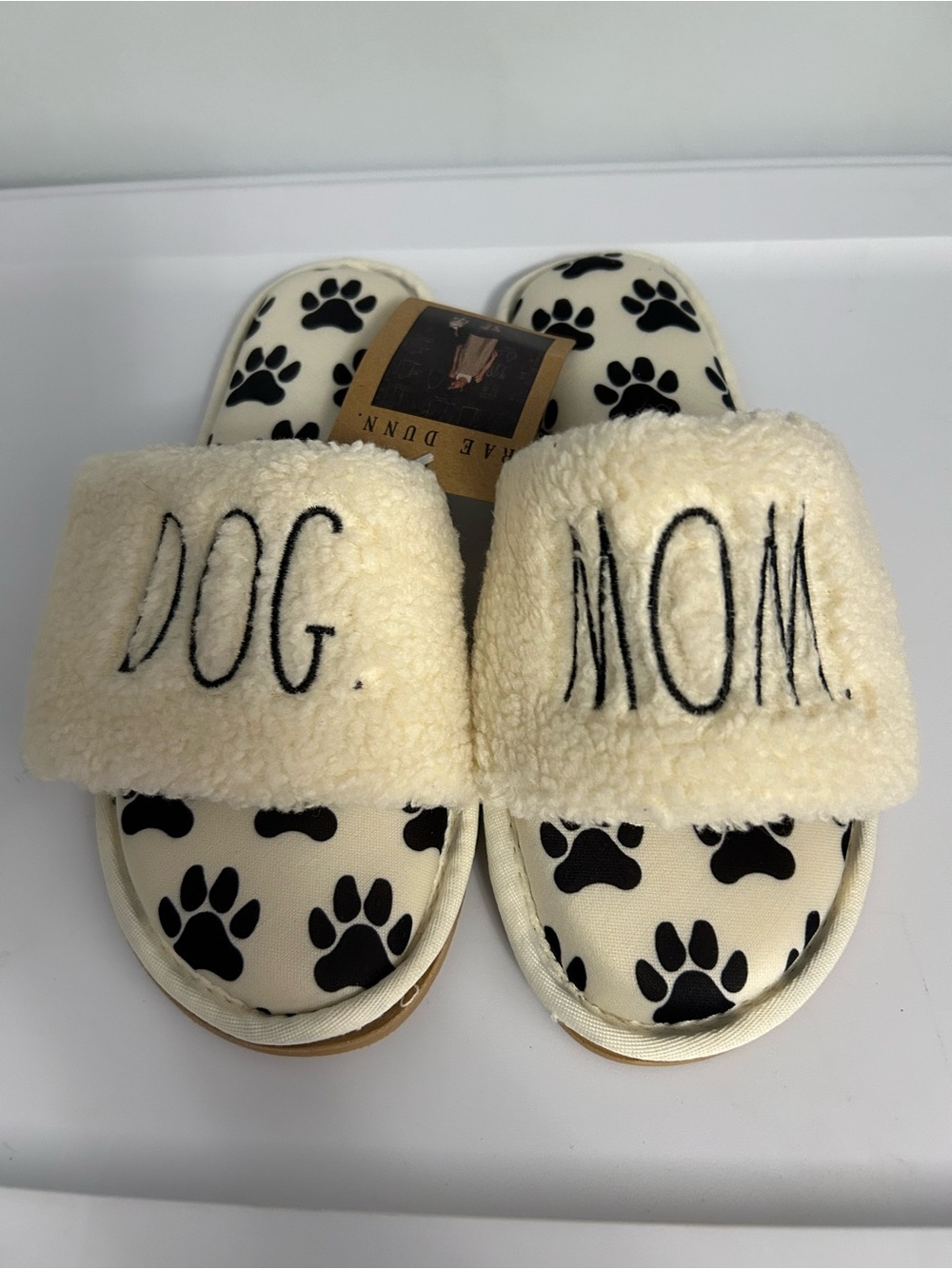 Rae Dunn Cream 'DOG. MOM.' Faux-Sherpa Paw Print Slide Slippers